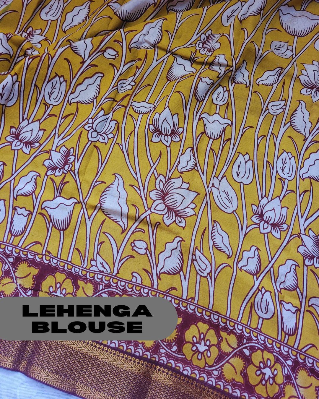 Kalamkari Silk Unstitched 3Pcs Lehenga Fabric - Yellow