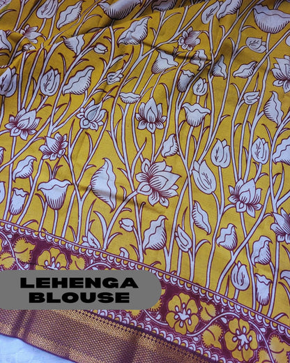 Kalamkari Silk Unstitched 3Pcs Lehenga Fabric - Yellow