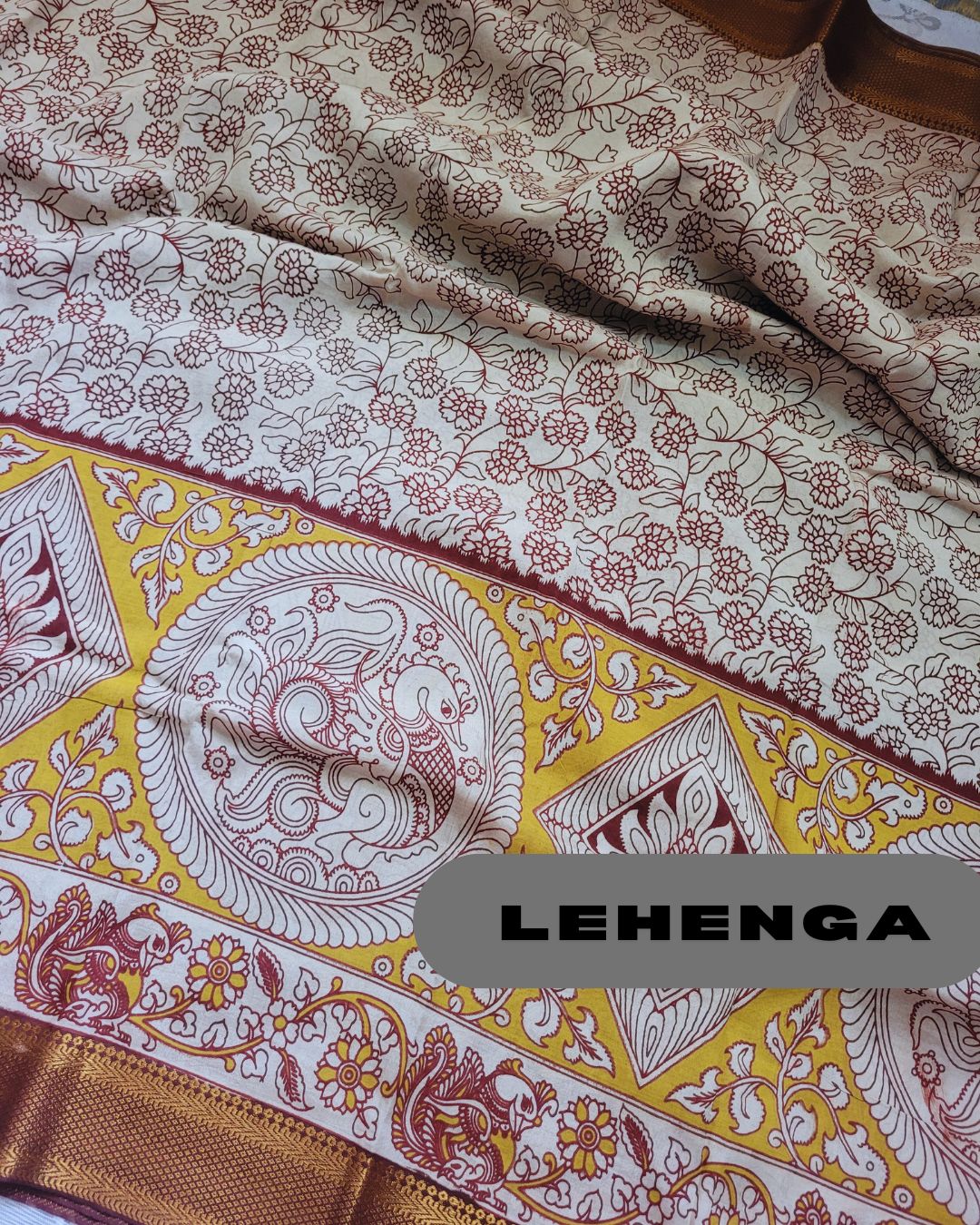 Kalamkari Silk Unstitched 3Pcs Lehenga Fabric - Yellow