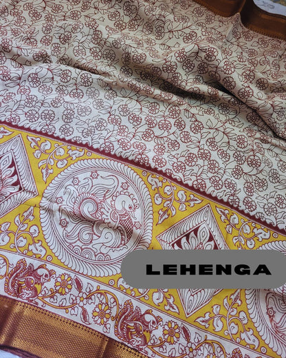 Kalamkari Silk Unstitched 3Pcs Lehenga Fabric - Yellow