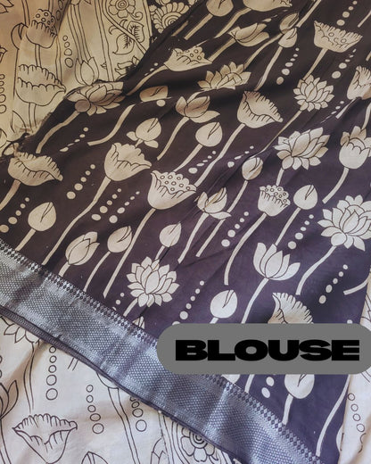 Kalamkari Silver border Lotus screen printed saree with contrast Black Blouse