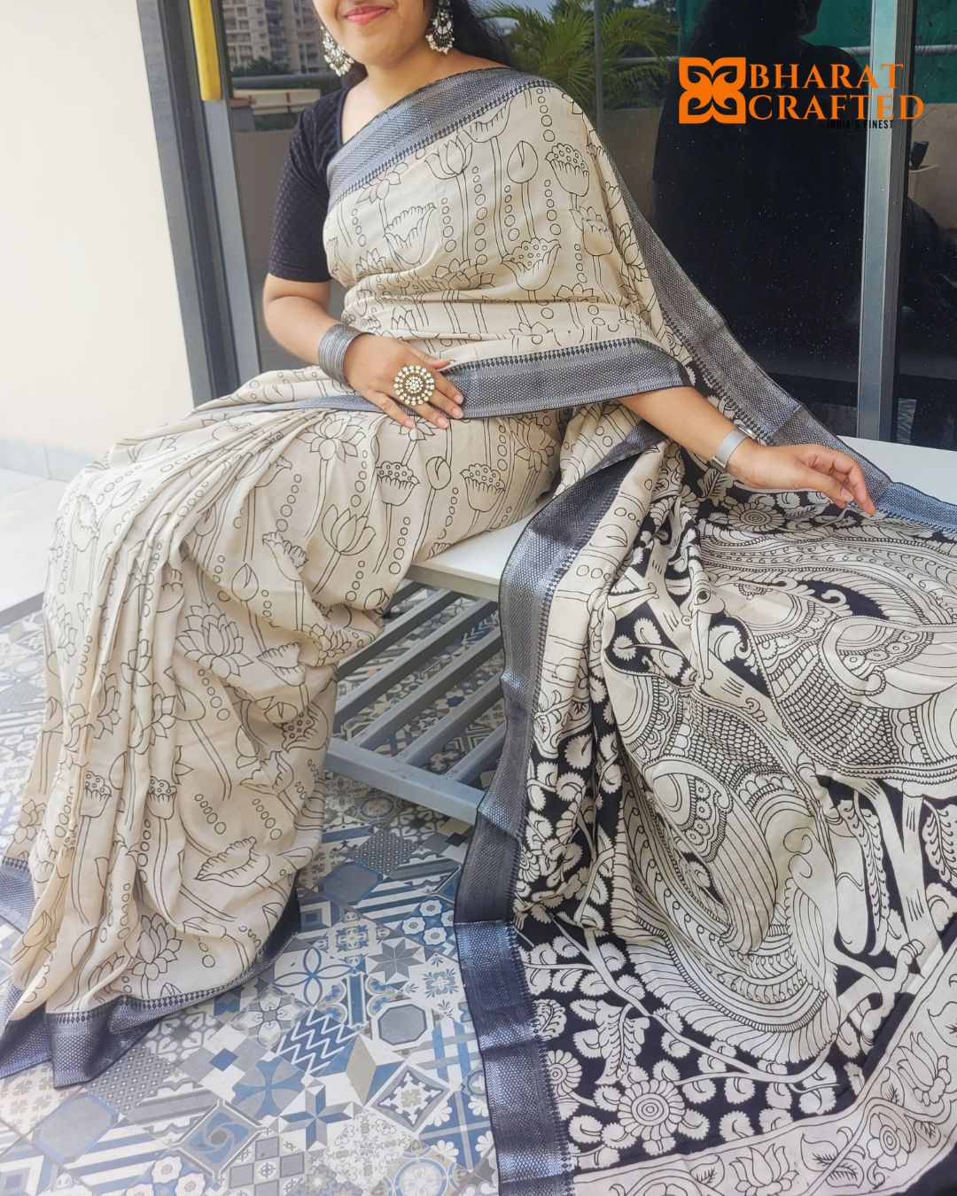 Kalamkari Silver border Lotus screen printed saree with contrast Black Blouse