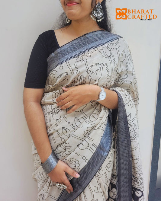 Kalamkari Silver border Lotus screen printed saree with contrast Black Blouse
