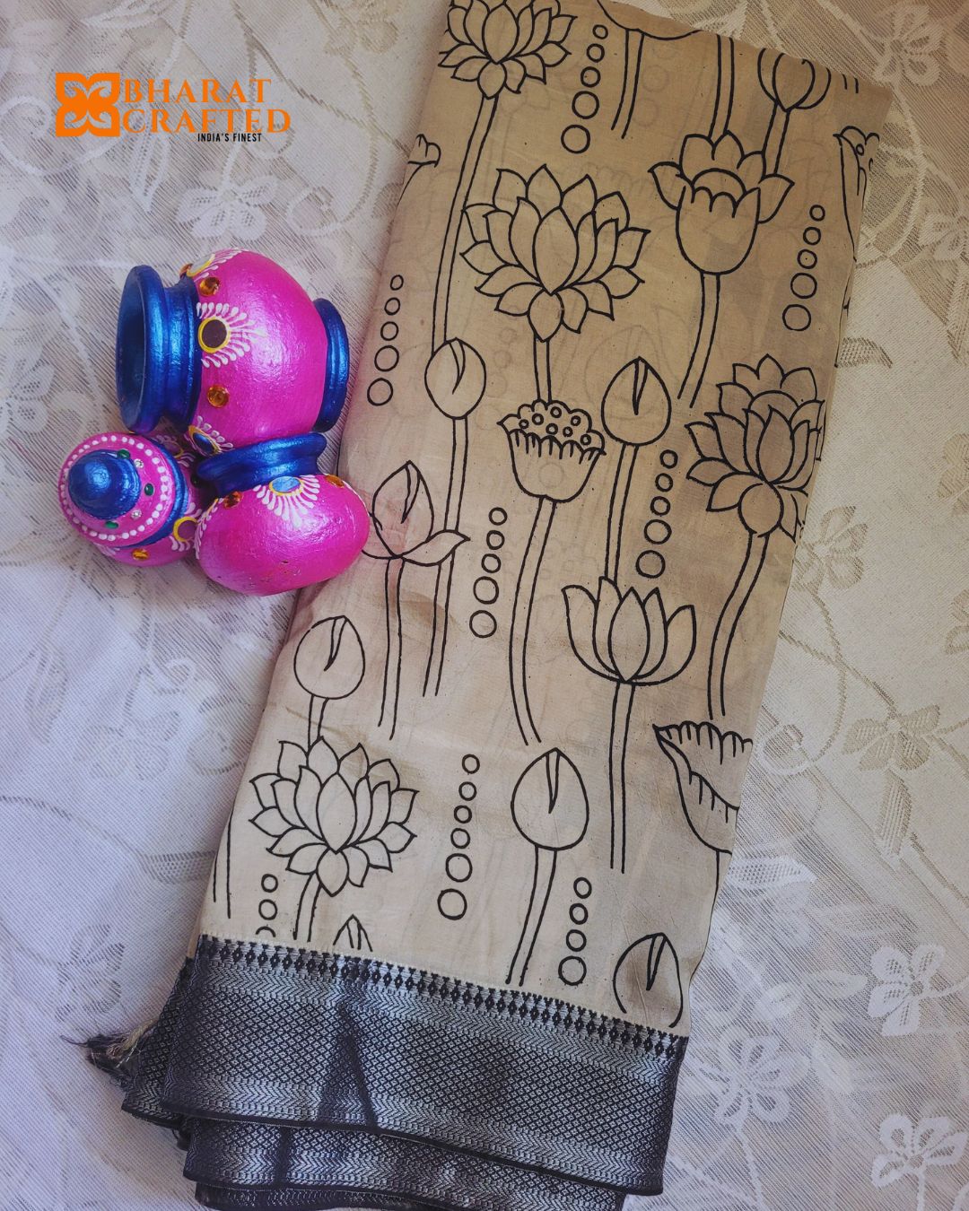 Kalamkari Silver border Lotus screen printed saree with contrast Black Blouse