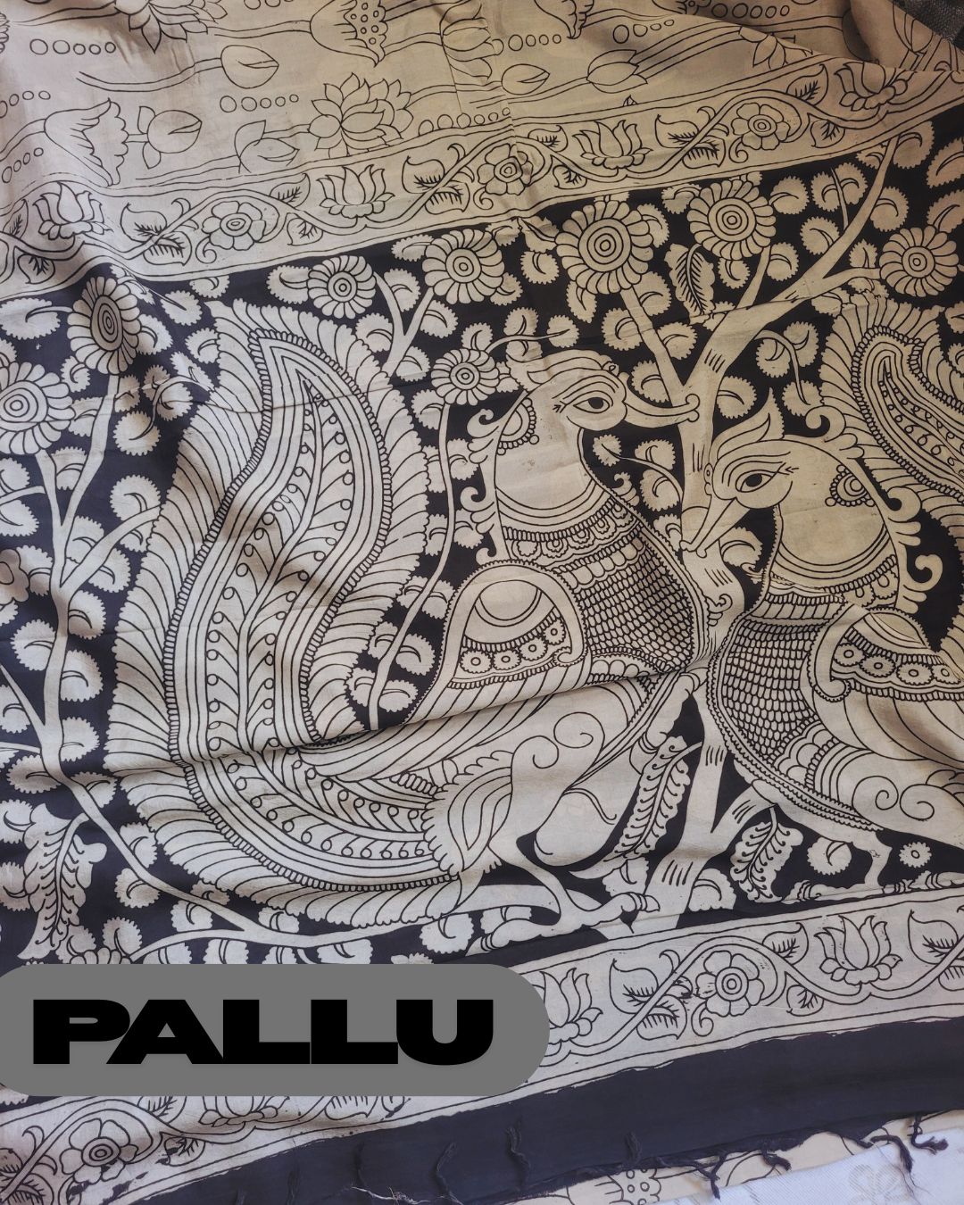 Kalamkari Silver border Lotus screen printed saree with contrast Black Blouse