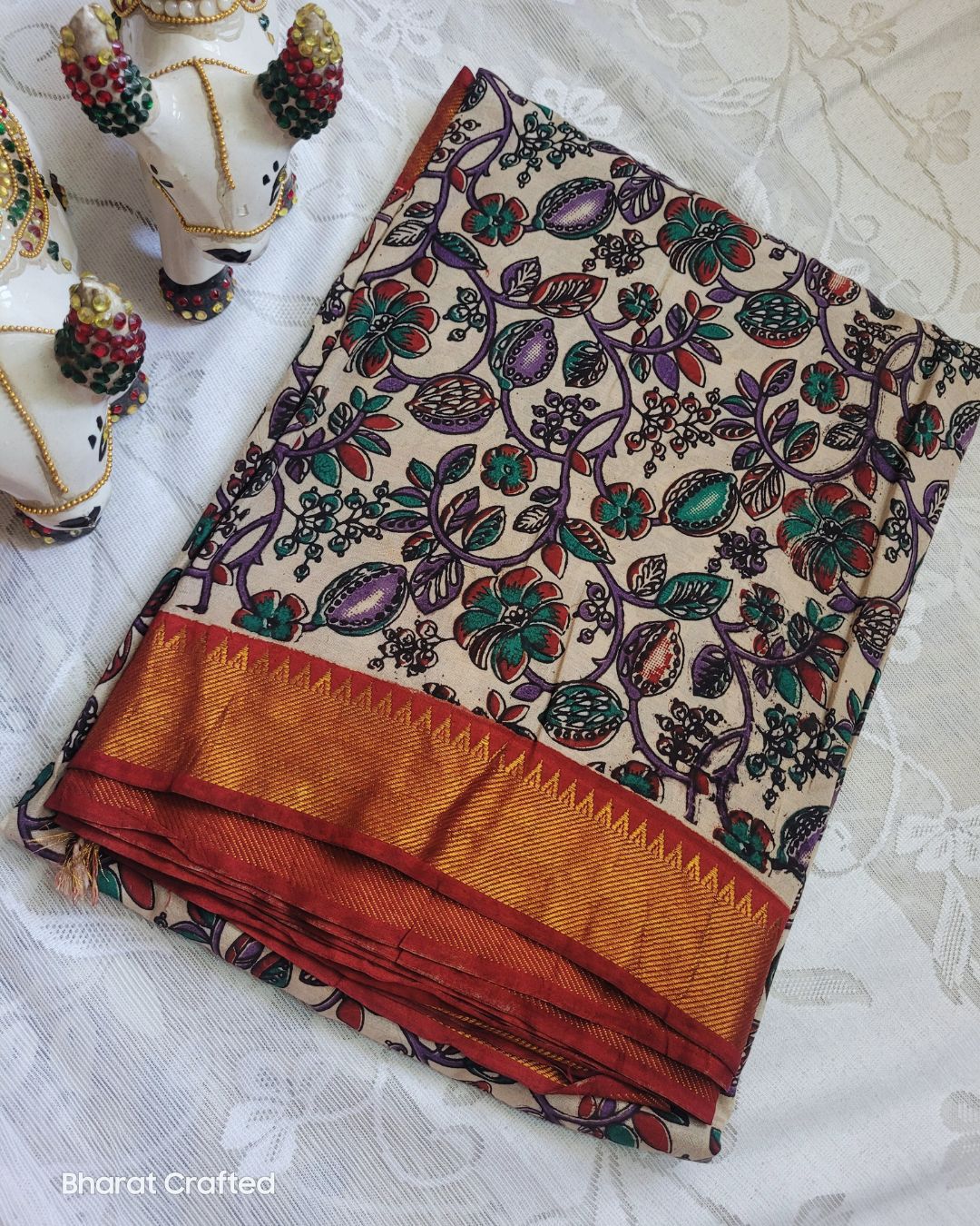 Kalamkari Chennur Silk Bright Red Temple Border saree