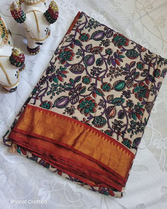 Kalamkari Chennur Silk Bright Red Temple Border saree