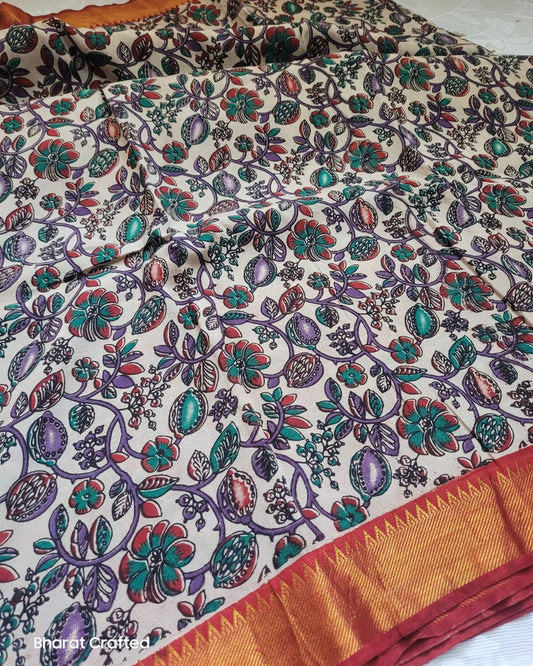 Kalamkari Chennur Silk Bright Red Temple Border saree