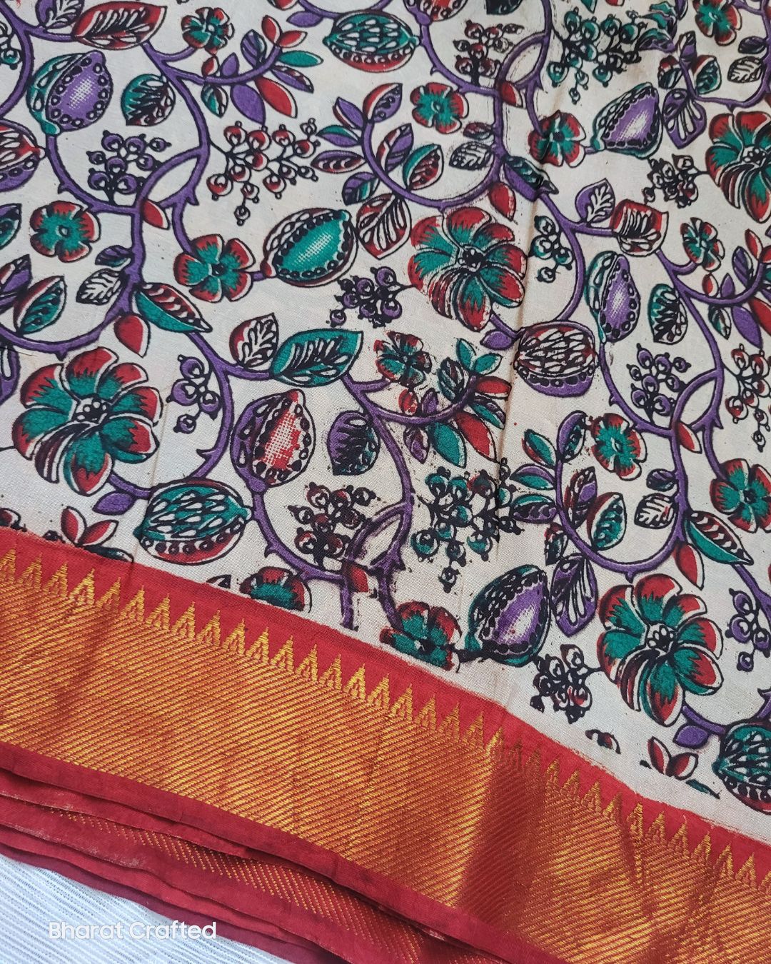 Kalamkari Chennur Silk Bright Red Temple Border saree