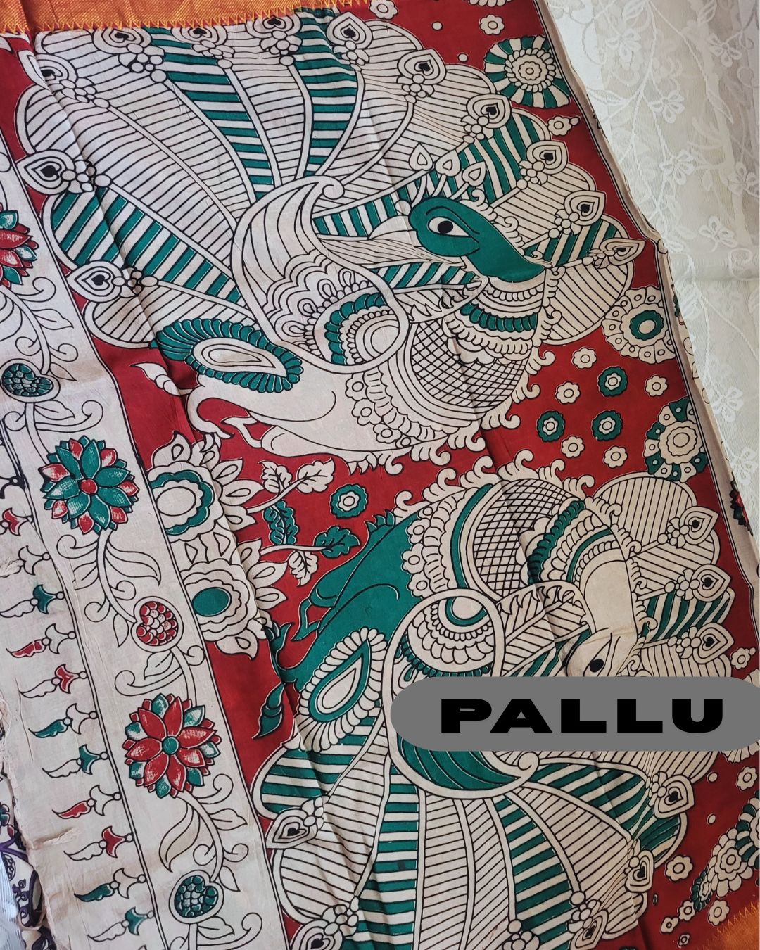 Kalamkari Chennur Silk Bright Red Temple Border saree