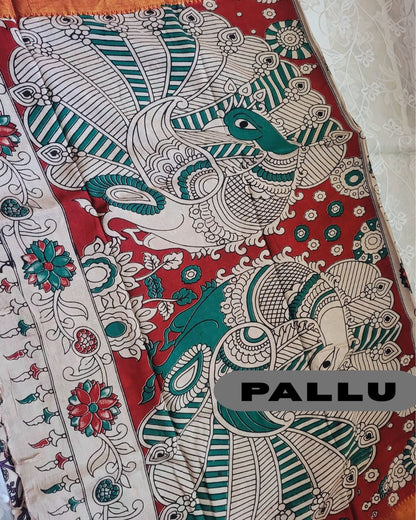 Kalamkari Chennur Silk Bright Red Temple Border saree