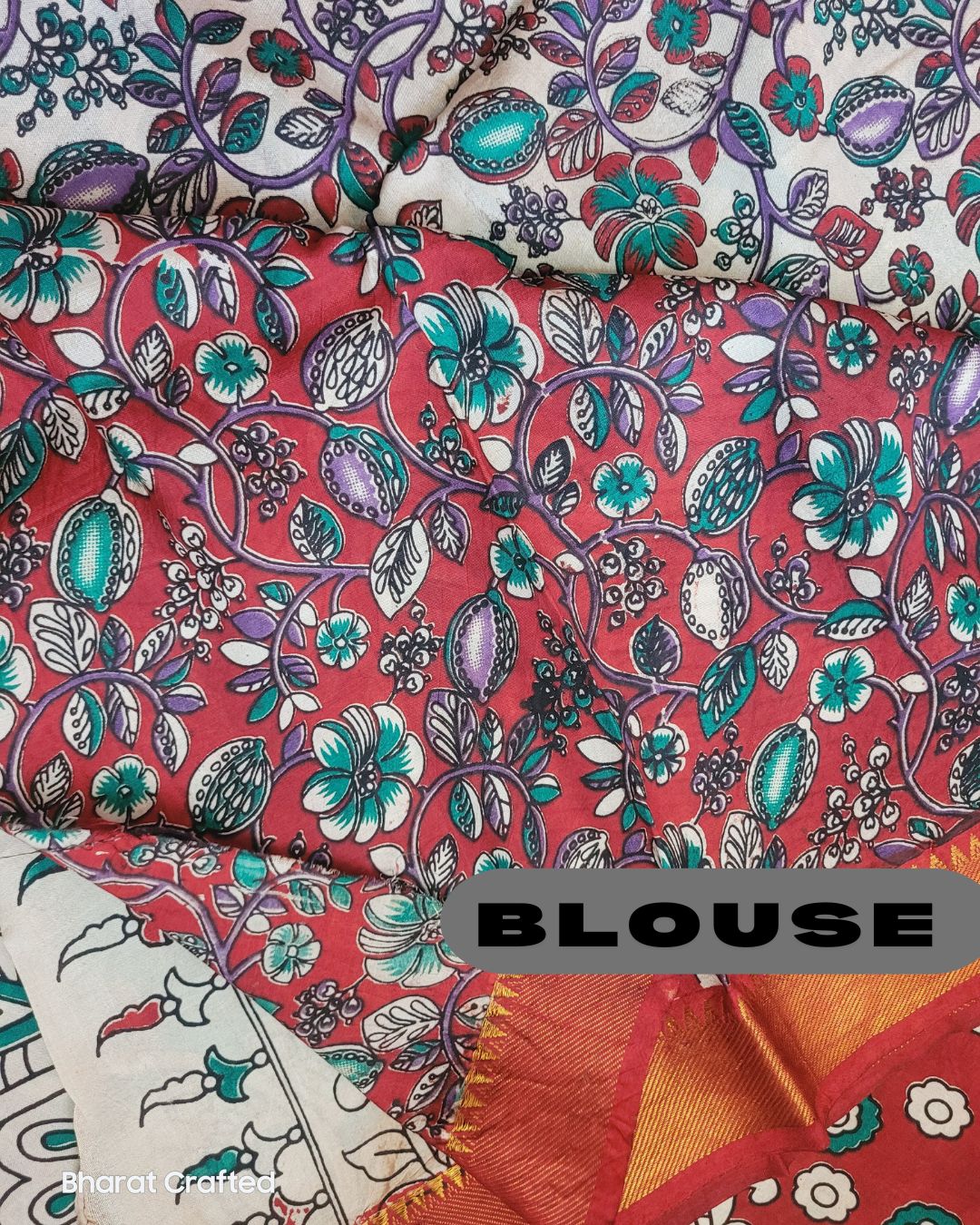 Kalamkari Chennur Silk Bright Red Temple Border saree