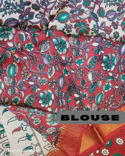 Kalamkari Chennur Silk Bright Red Temple Border saree