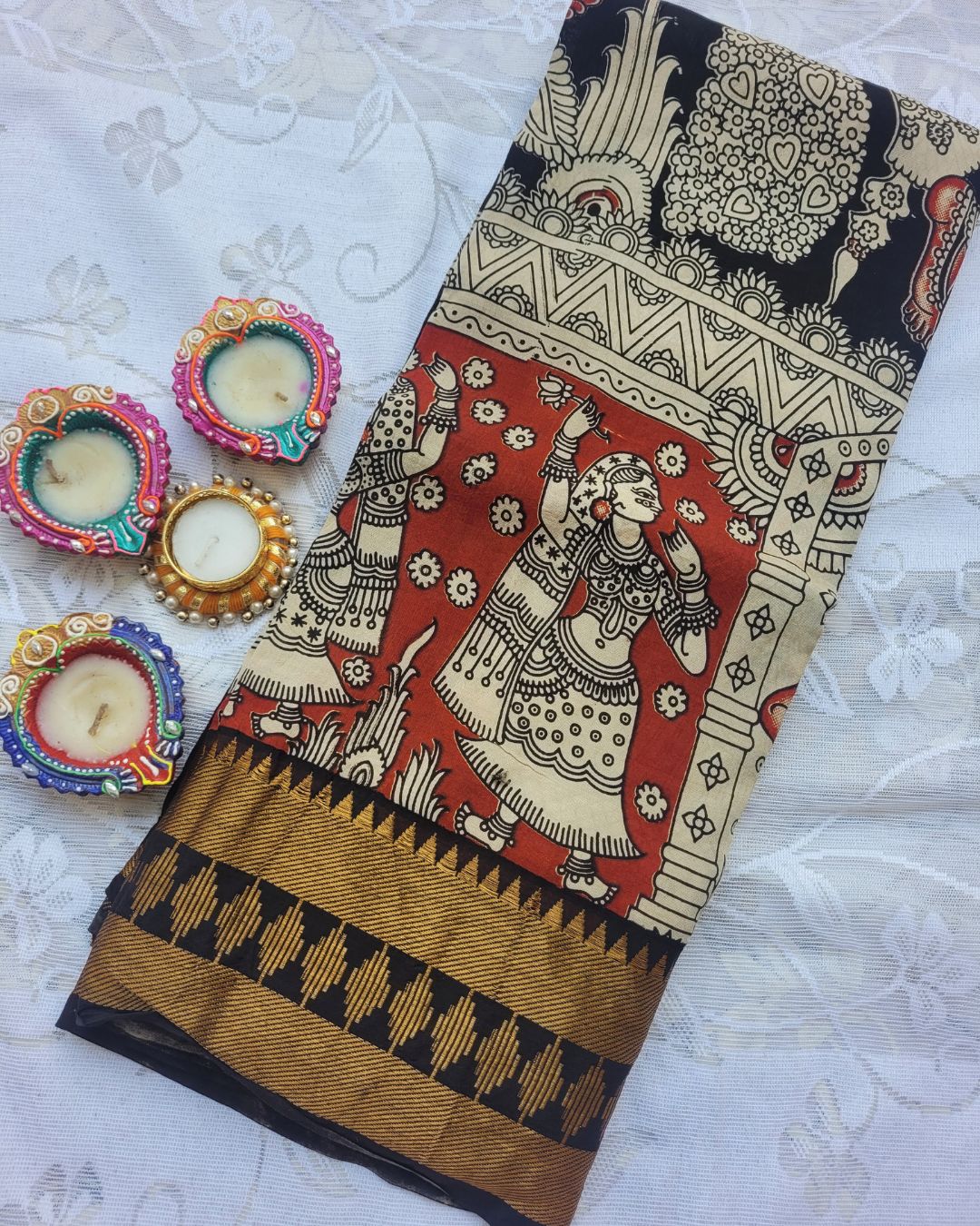 Black Kanchi Temple Border Kalamkari Screen Printed Chennur Silk saree - Veena