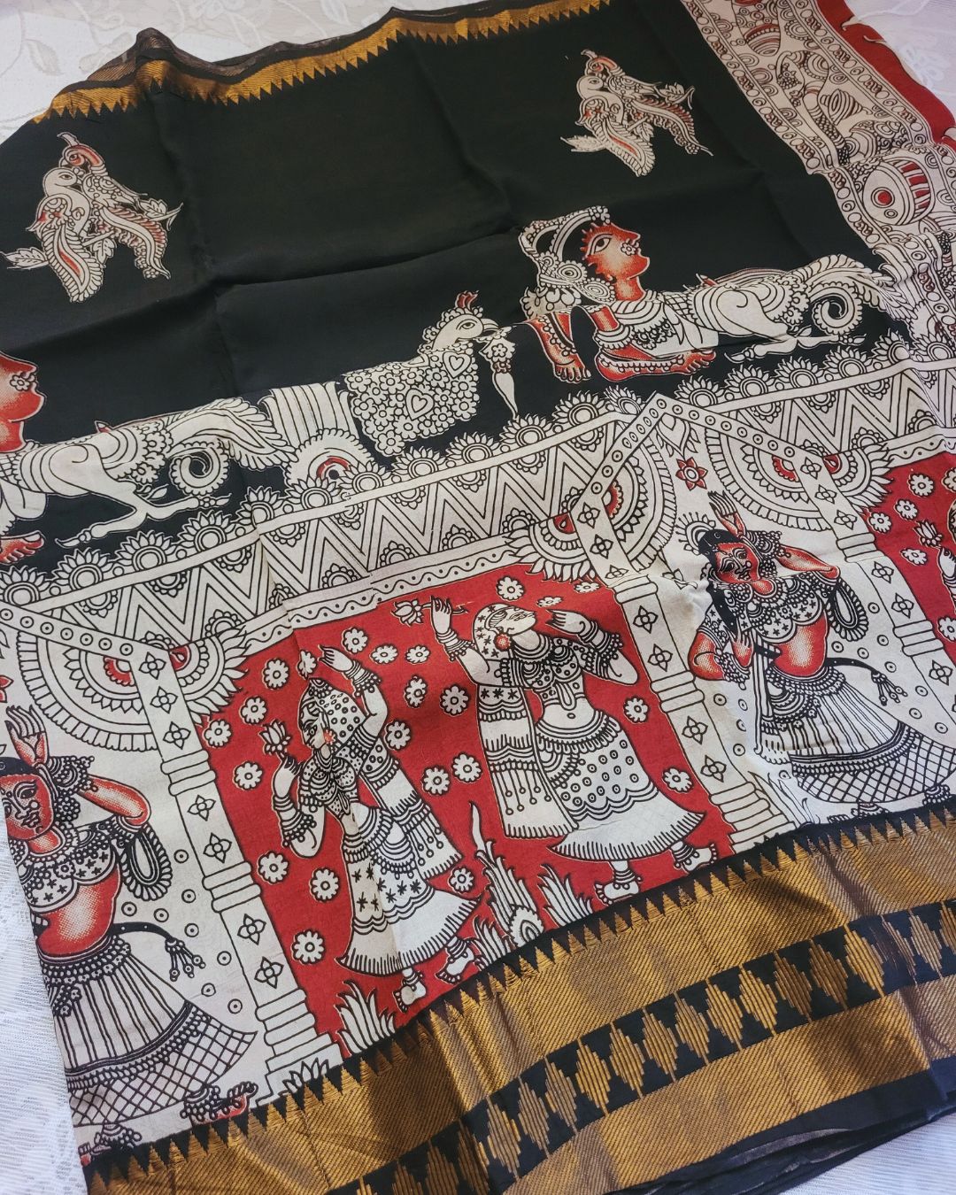 Black Kanchi Temple Border Kalamkari Screen Printed Chennur Silk saree - Veena