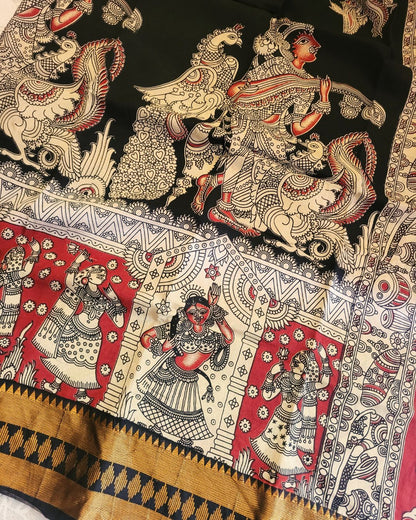 Black Kanchi Temple Border Kalamkari Screen Printed Chennur Silk saree - Veena