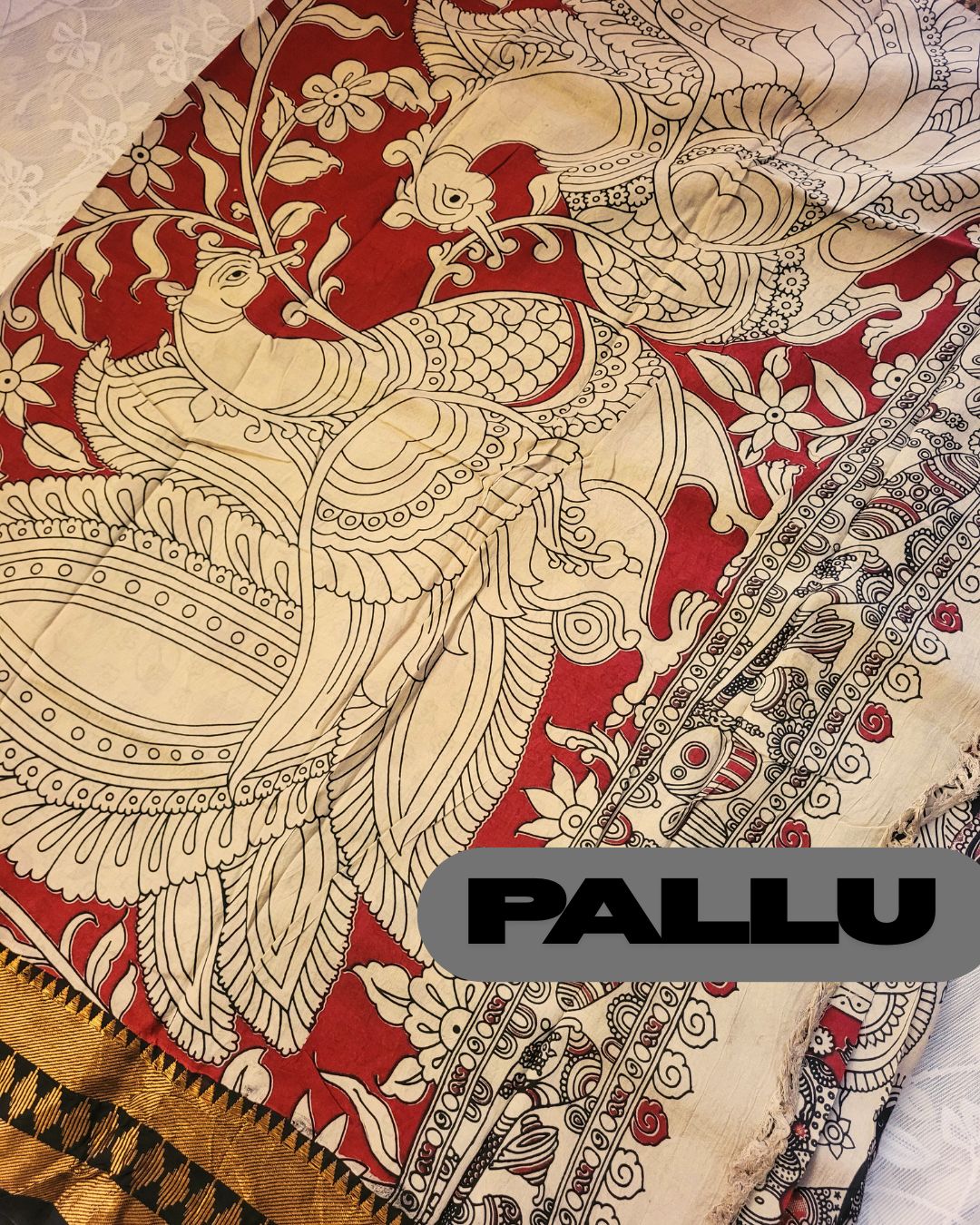 Black Kanchi Temple Border Kalamkari Screen Printed Chennur Silk saree - Veena