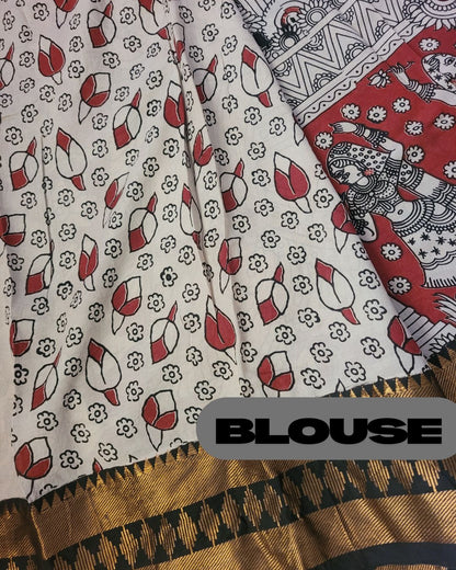 Black Kanchi Temple Border Kalamkari Screen Printed Chennur Silk saree - Veena