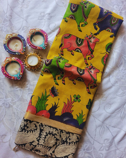 Kalamkari Yellow Block Printed Border Chennur silk saree - Pichwai Kaddi