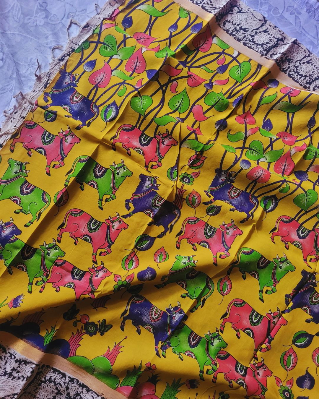 Kalamkari Yellow Block Printed Border Chennur silk saree - Pichwai Kaddi