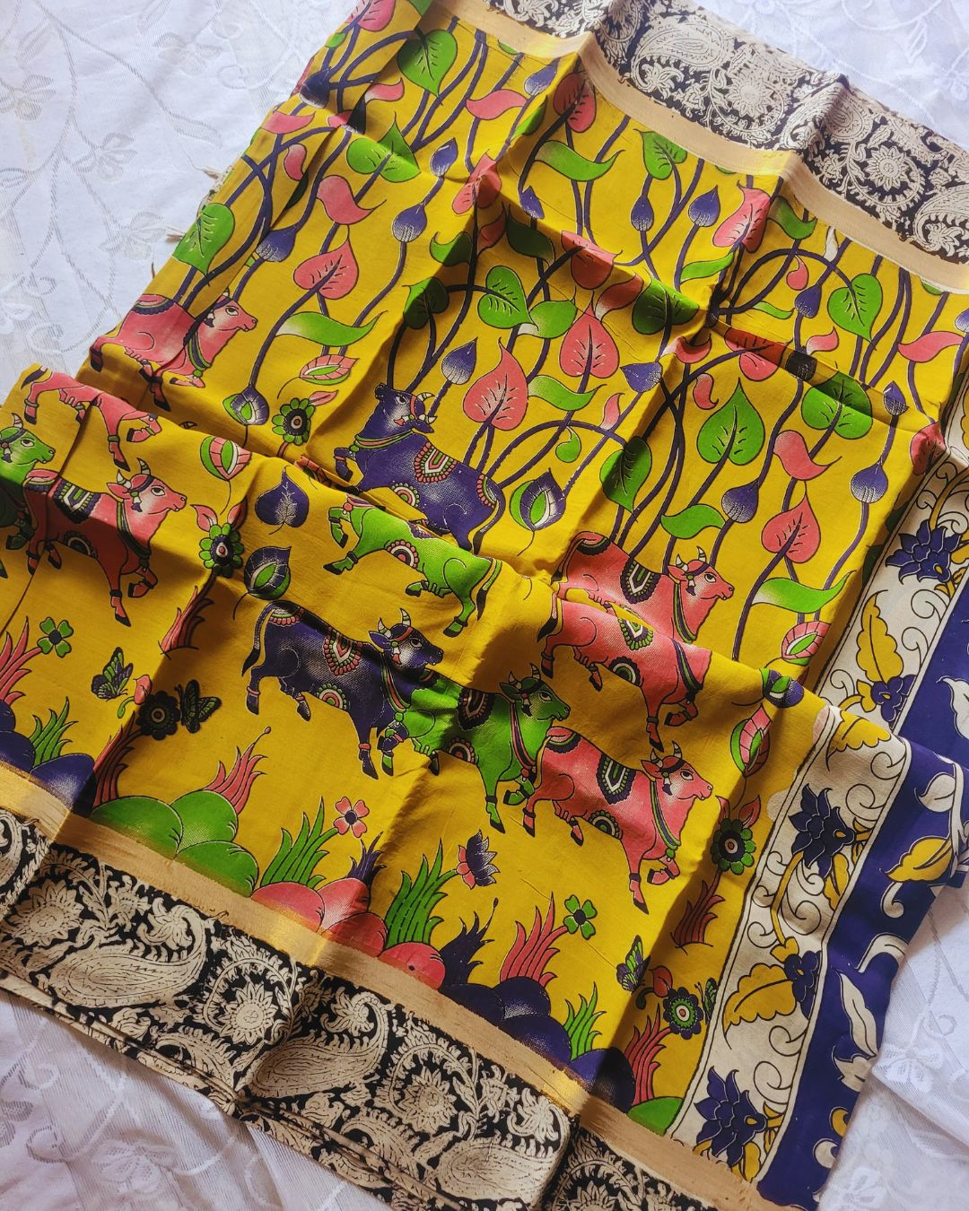 Kalamkari Yellow Block Printed Border Chennur silk saree - Pichwai Kaddi
