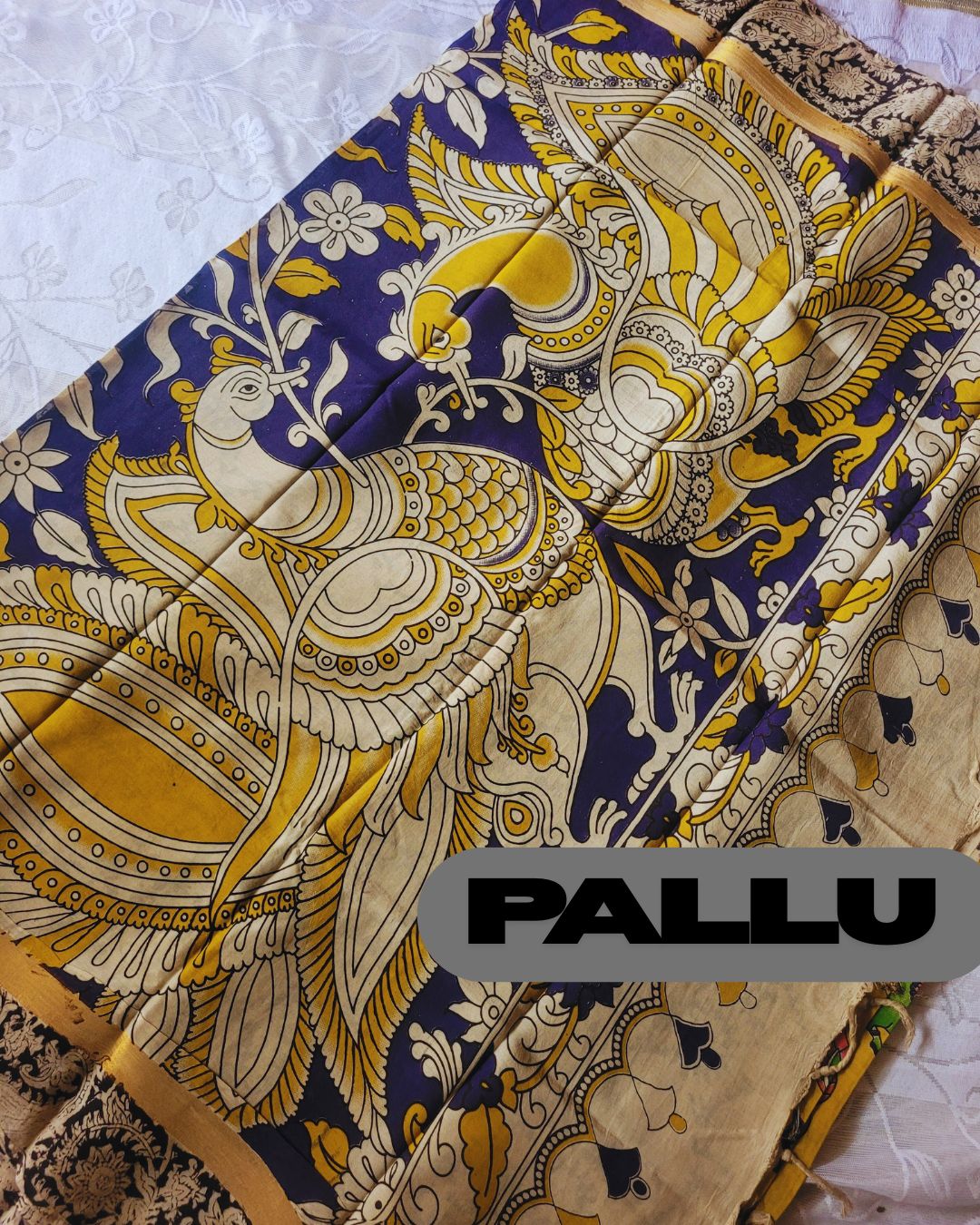 Kalamkari Yellow Block Printed Border Chennur silk saree - Pichwai Kaddi