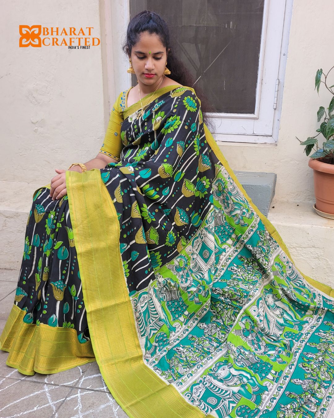 Florescent Green & Black Kanchi Border Kalamkari Screen Printed Chennur Silk saree - Gargi