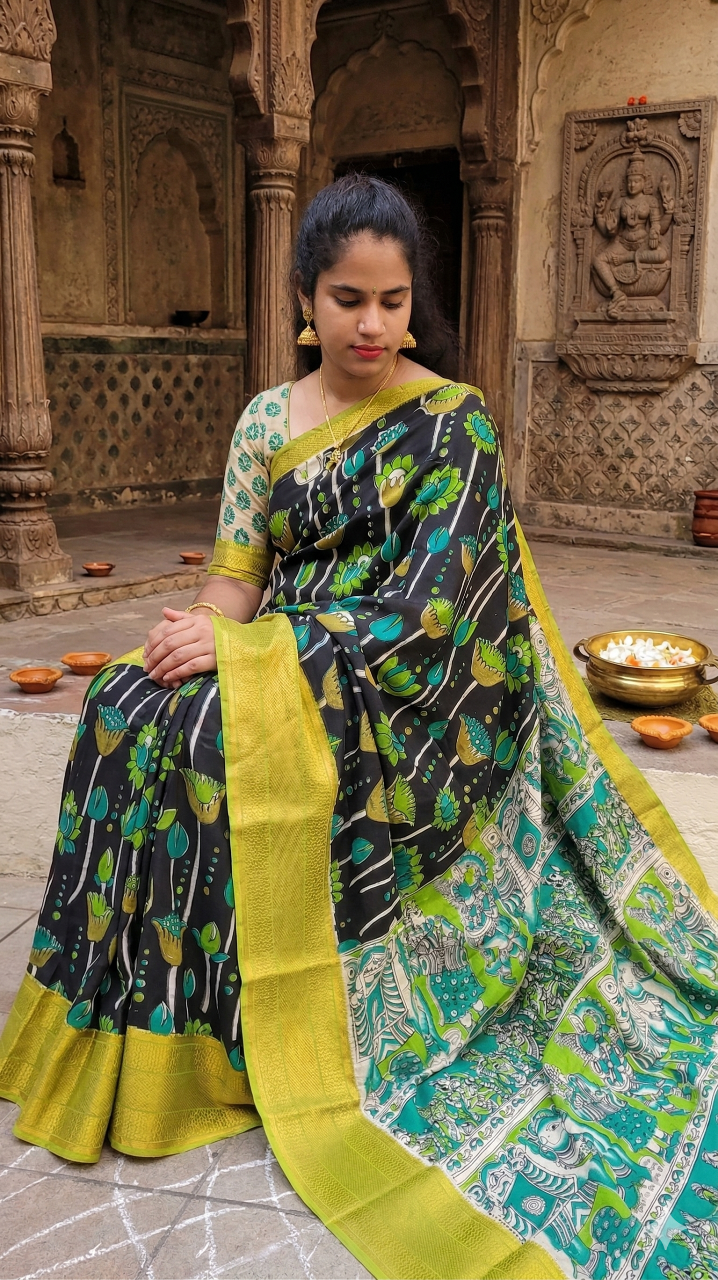 Kalamkari Mangalagiri silk Kanchi border saree- green lotus