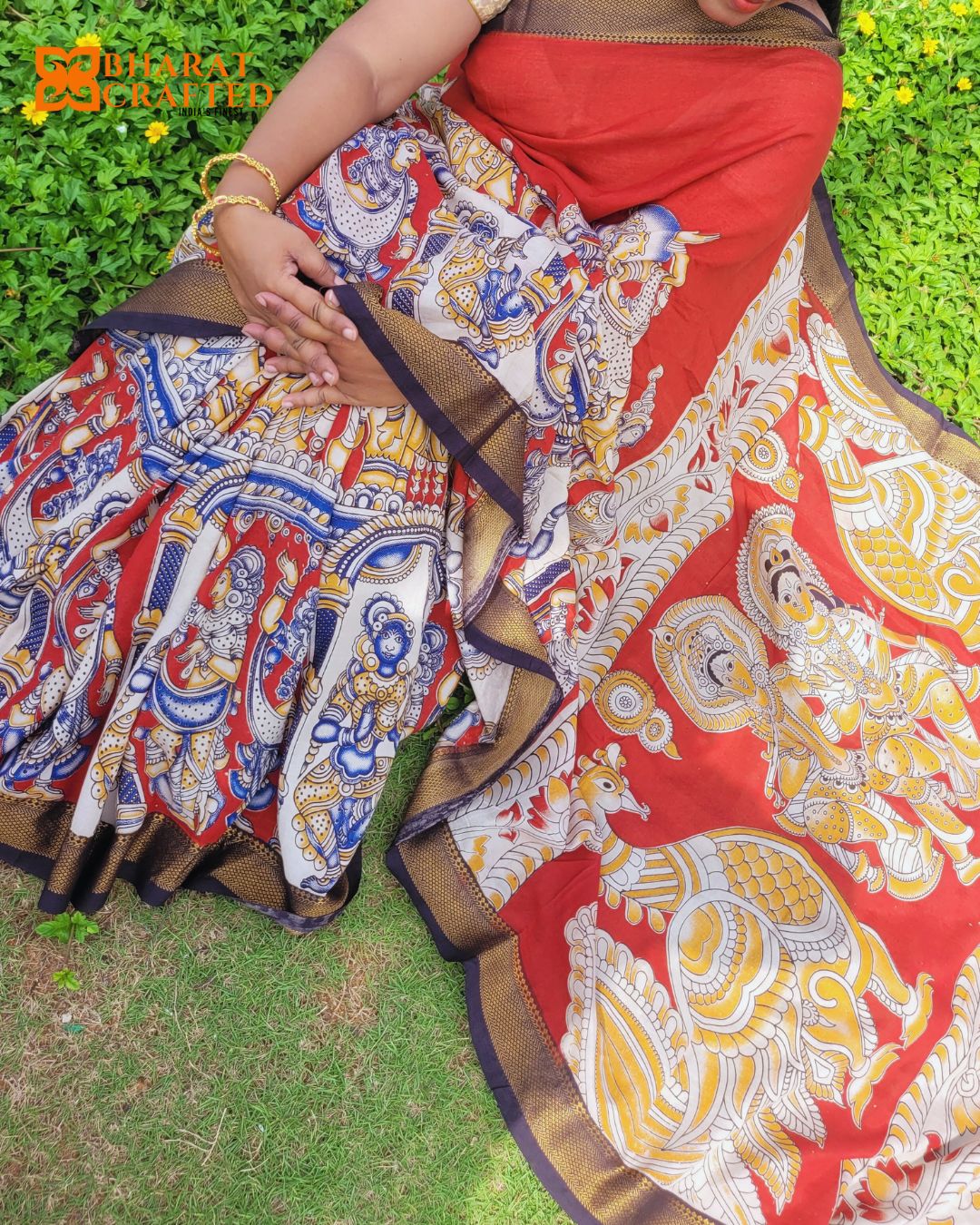 Red Kalamkari Screen Printed Chennur Silk saree - Arna