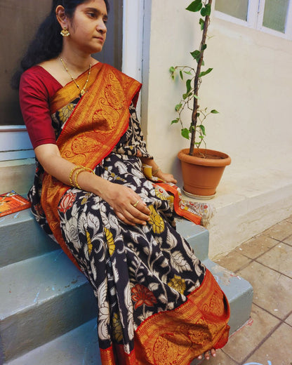 Kalamkari Chennur silk 7 Inch Kanchi border saree - Black and Red