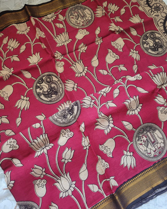 Kalamkari Nizam Border Dark Pink Floral Printed Saree