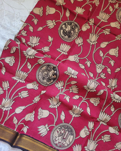 Kalamkari Nizam Border Dark Pink Floral Printed Saree