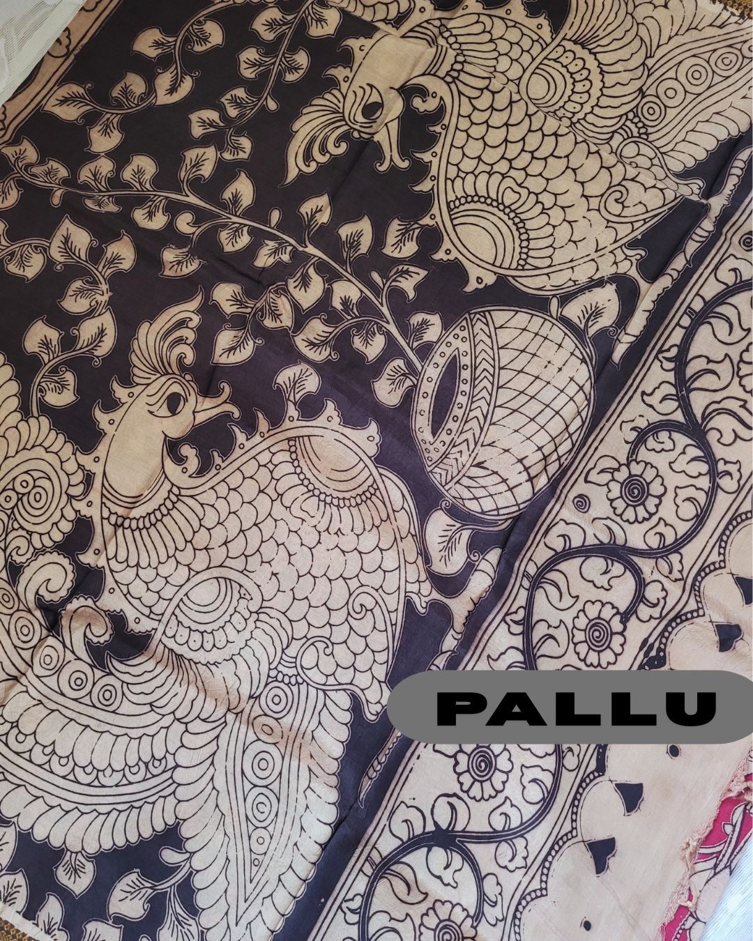 Kalamkari Nizam Border Dark Pink Floral Printed Saree