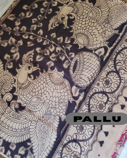 Kalamkari Nizam Border Dark Pink Floral Printed Saree