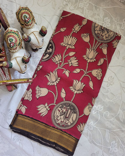 Kalamkari Nizam Border Dark Pink Floral Printed Saree