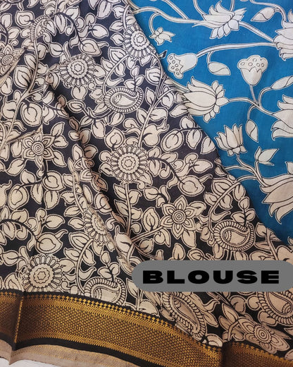 Kalamkari Nizam Border Shyam Blue Floral Printed Saree