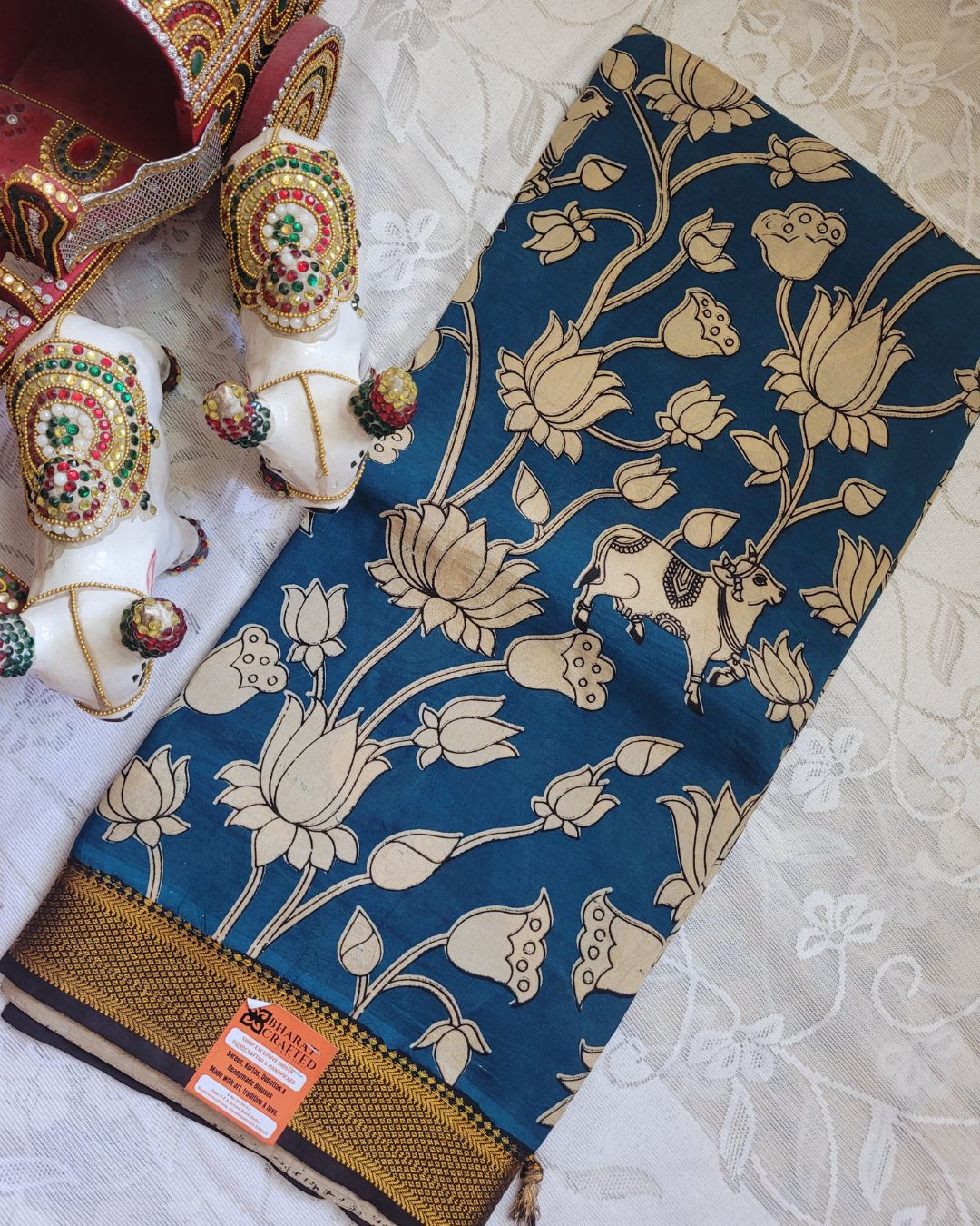 Kalamkari Nizam Border Shyam Blue Floral Printed Saree