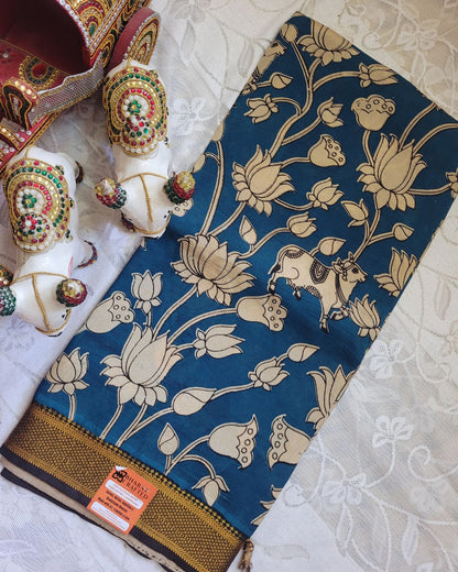 Kalamkari Nizam Border Shyam Blue Floral Printed Saree