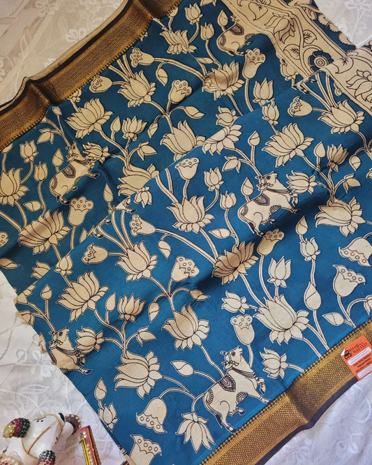 Kalamkari Nizam Border Shyam Blue Floral Printed Saree