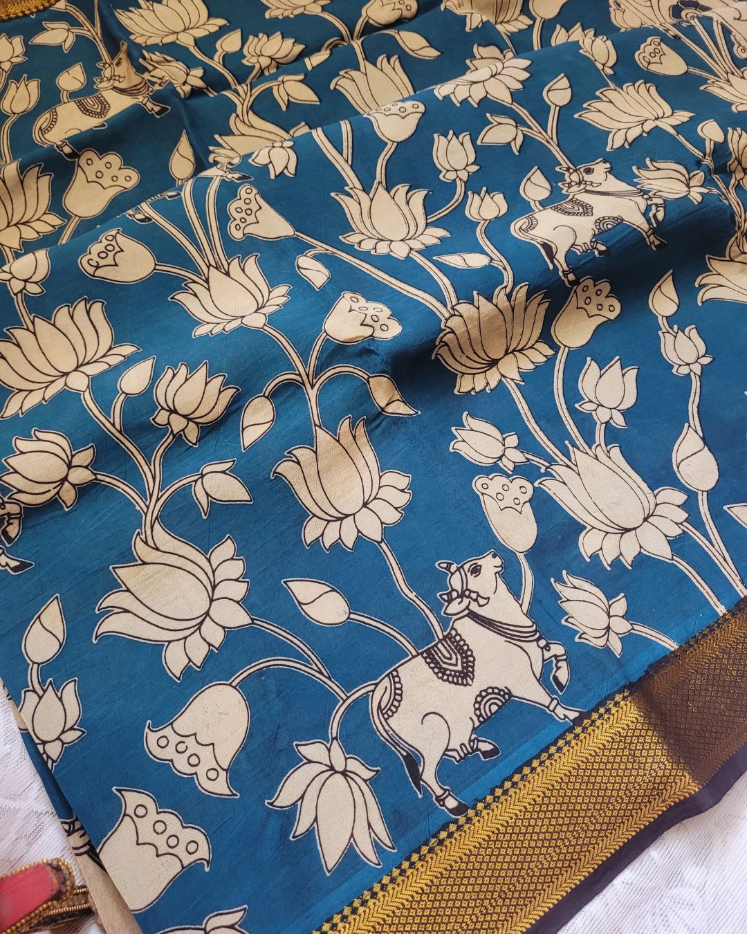 Kalamkari Nizam Border Shyam Blue Floral Printed Saree