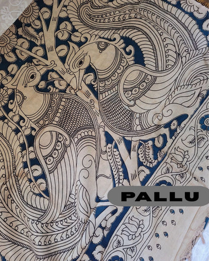 Kalamkari Nizam Border Shyam Blue Floral Printed Saree