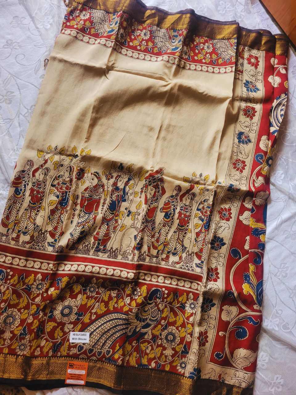 Kalamkari beige chennur silk saree with zari border - Gatha
