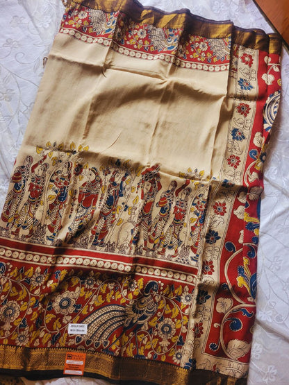 Kalamkari beige chennur silk saree with zari border - Gatha