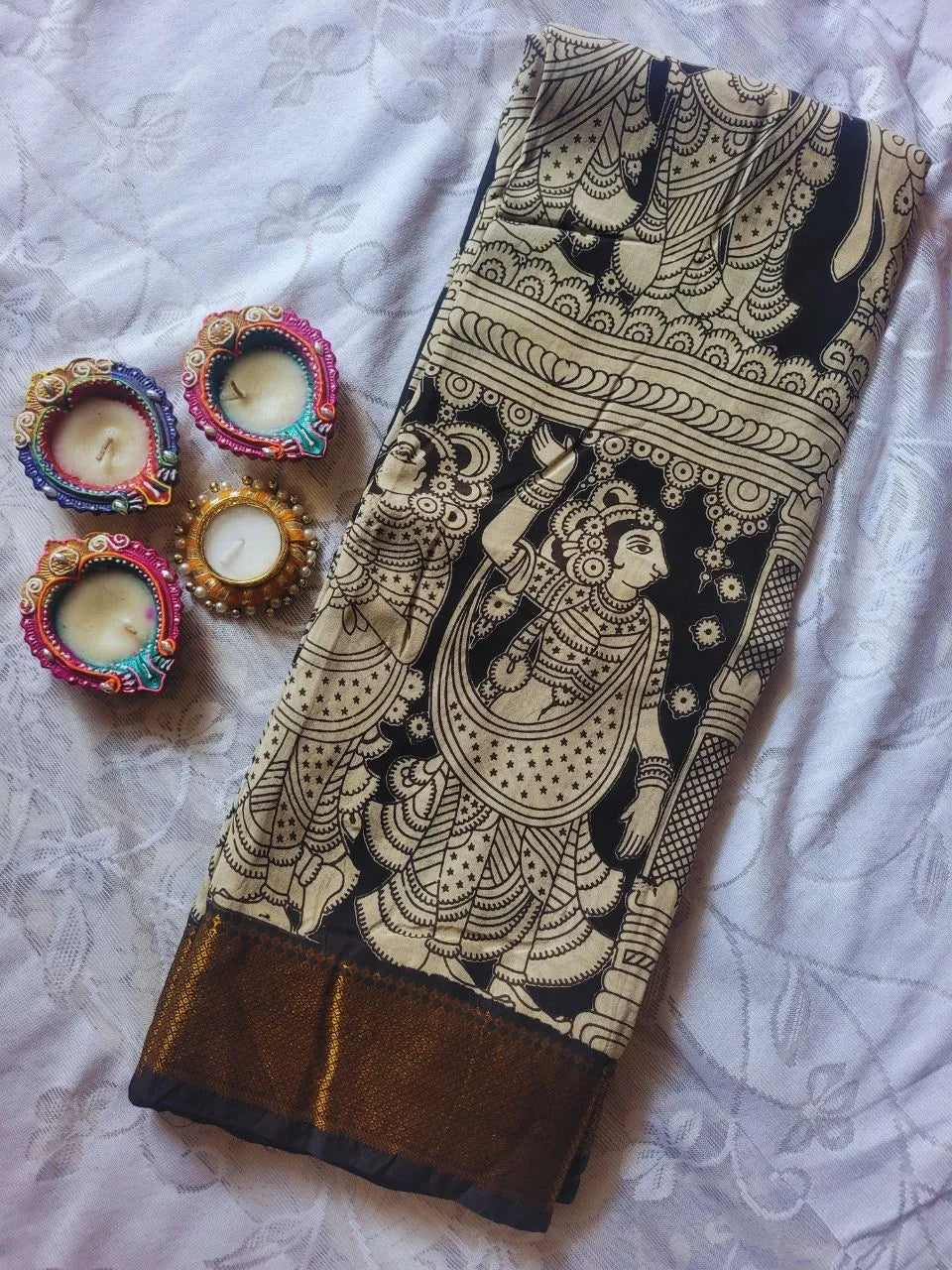 Kalamkari black chennur silk saree with zari border - katha