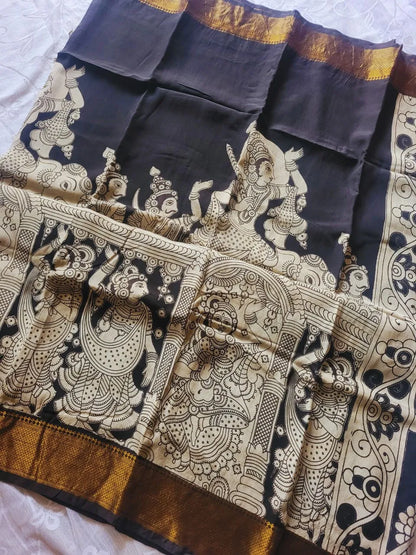 Kalamkari black chennur silk saree with zari border - katha