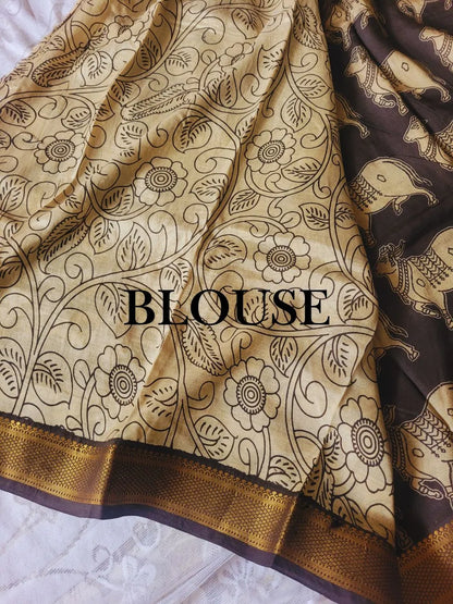 Kalamkari black chennur silk saree with zari border - katha