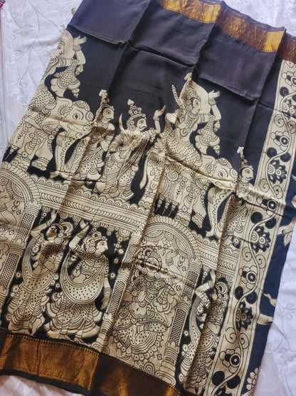Kalamkari black chennur silk saree with zari border - katha