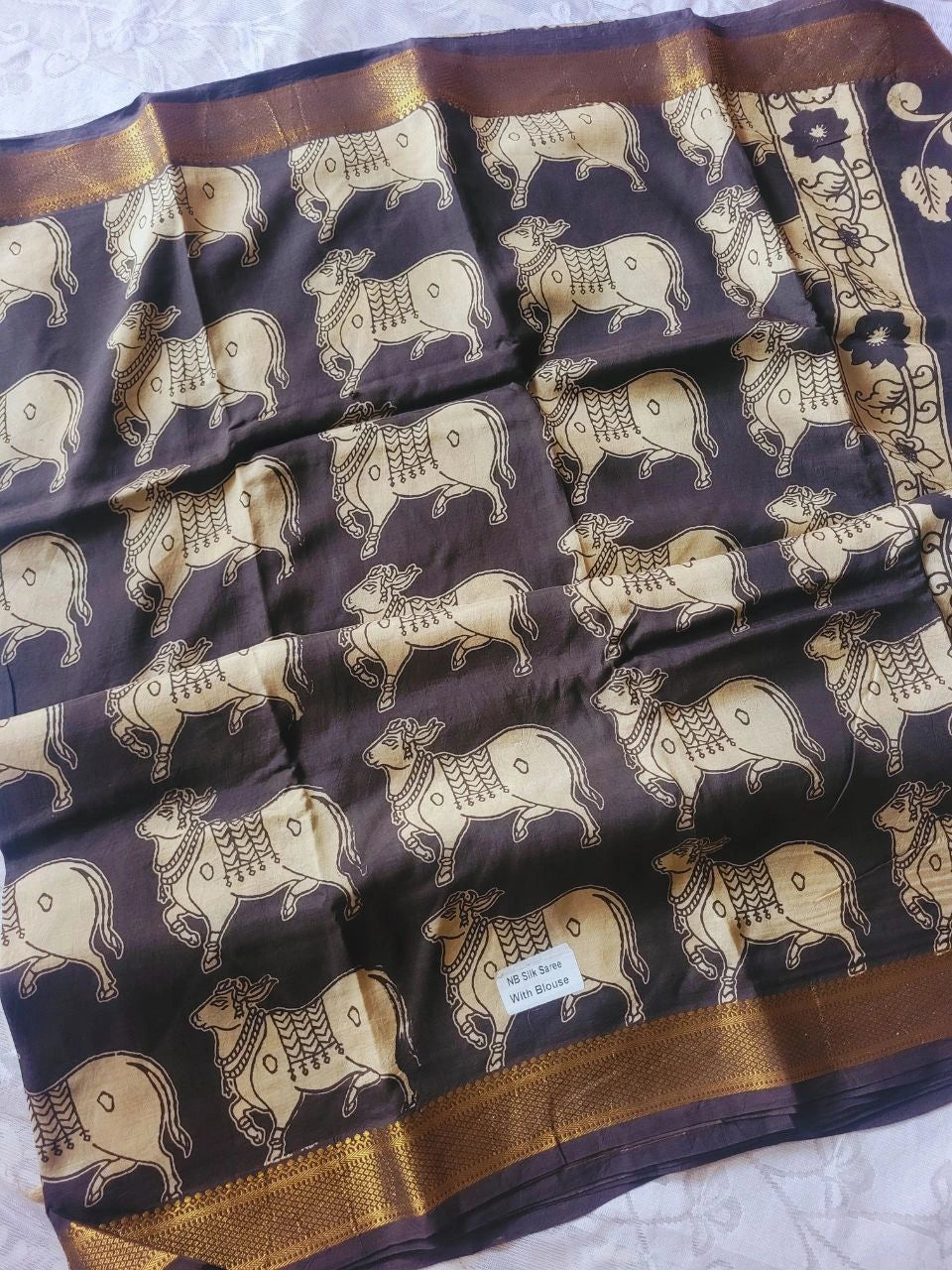 Kalamkari black chennur silk saree with zari border -nandi