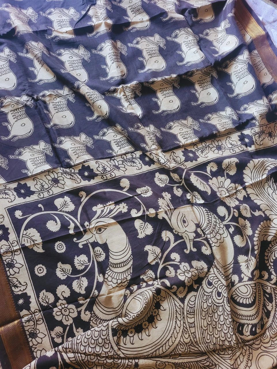 Kalamkari black chennur silk saree with zari border -nandi