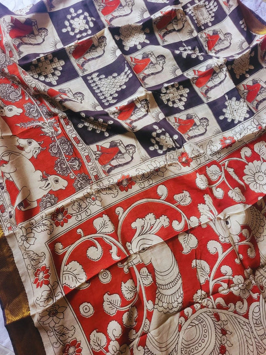 Kalamkari chennur silk saree with zari border -gudiya